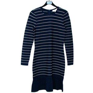 Michael Kors Sz Large Sweater Dress Navy Blue White Stripe Ruffle Peplum Bottom